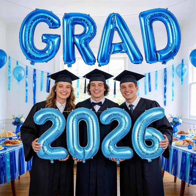 Blue Grad 2026 Balloons, 2026 Graduation Decorations Set Congrats Grad Foil Balloons Banner Sign for Class of 2026 Graduation Decorations College High School Prom Party Backdrop Supplies