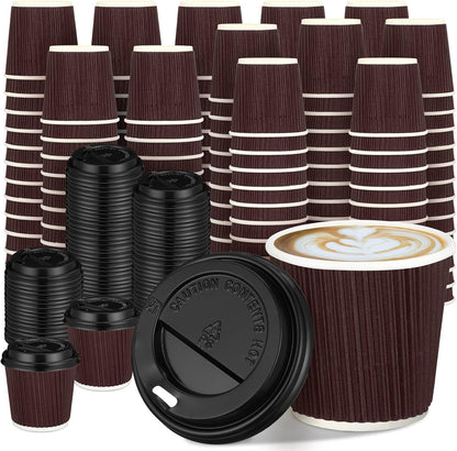 Uiifan 100 Set 4oz Disposable Espresso Cups with Lids Ripple Corrugated Paper Disposable Coffee Insulated Hot Ripple Cups for hot Chocolate, Tea