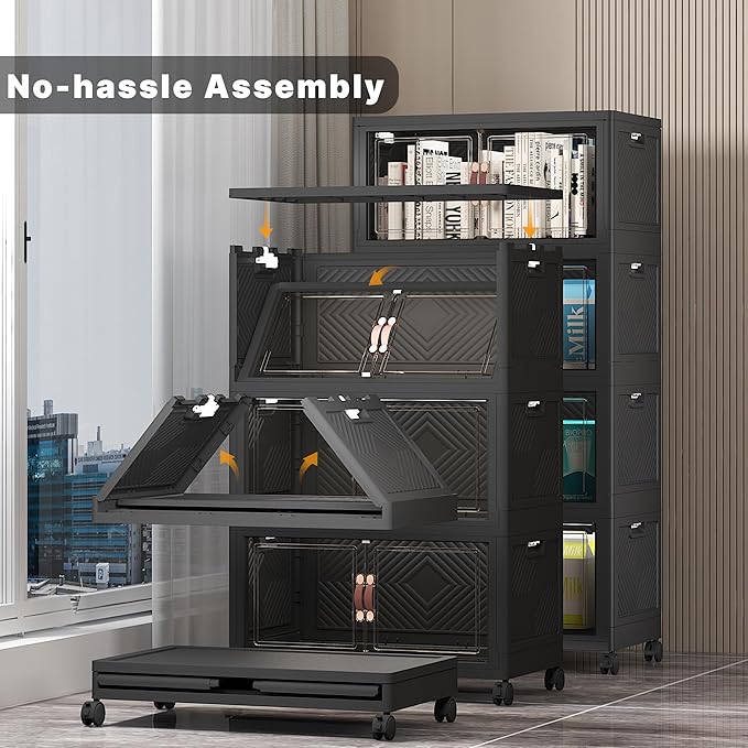 UAMFURI 384QT Lockable Storage Bins with Lids - Stackable Storage Cabinet with Doors and Wheels, Collapsible Plastic Organizer and Containers for Closets, Office, 8 Pack Cubes