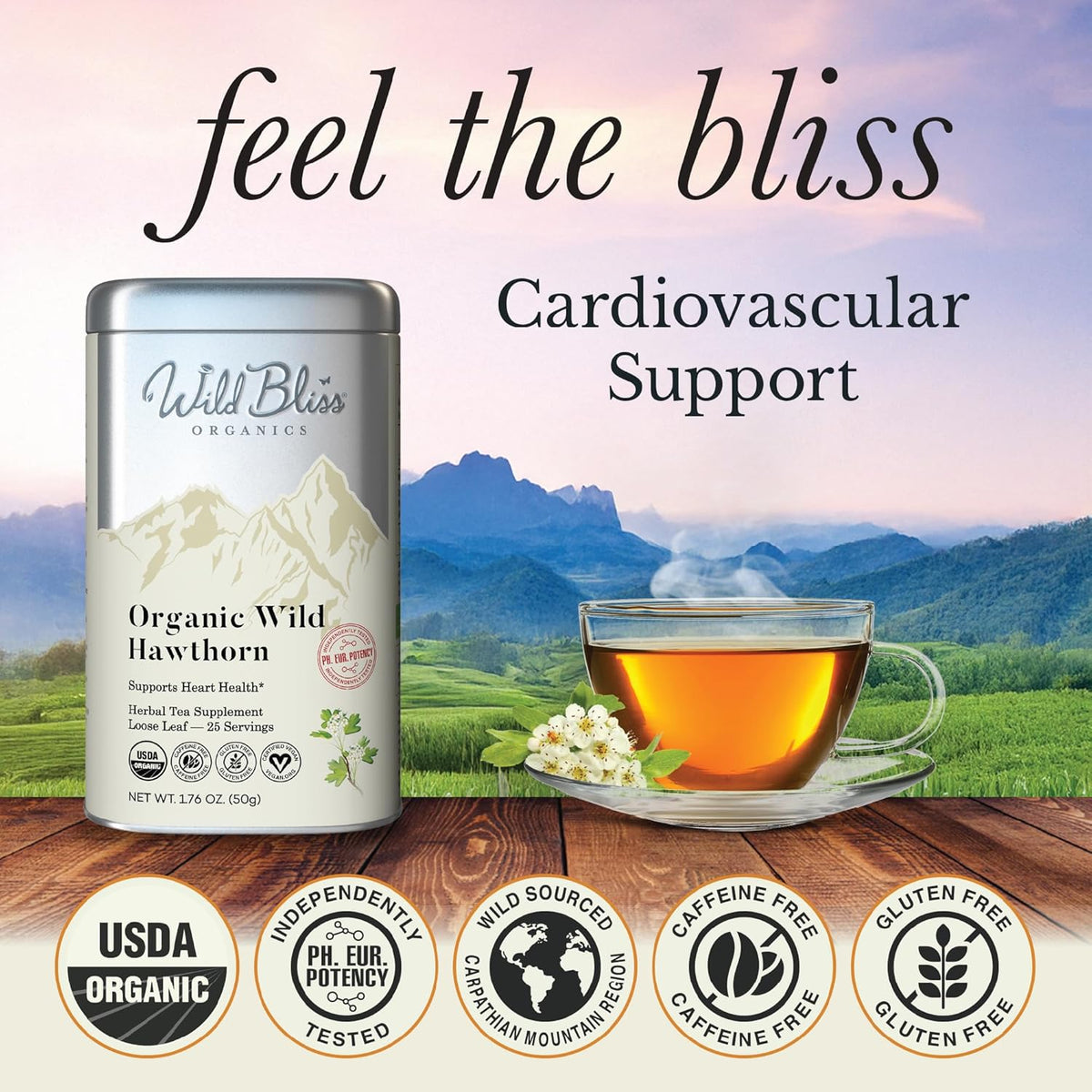 Wild Bliss Organic Hawthorn Loose Leaf and Flower Tea - Caffeine Free Heart Health Herbal Support - 1.76 Oz - 25 Servings