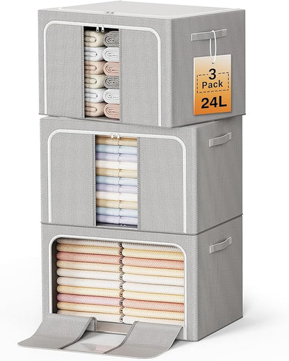 Clothes Storage Bins with Metal Frame Foldable Storage Box Clothes Organizers Storage Containers for Clothes Sheets Blankets Books Toys Gifts and Holiday Decorations (24Lx3 Pack)