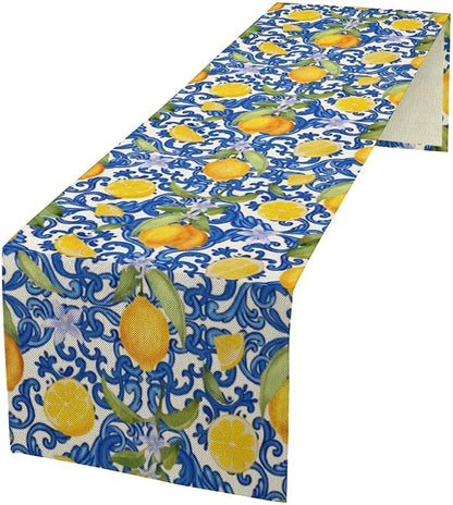 Rustic Lemon Table Runner,Vintage Morocco Blue Mediterranean Spring Summer Fruit Print Table Runner for Farmhouse Kitchen Dining Table Home Party Decor 13x90in