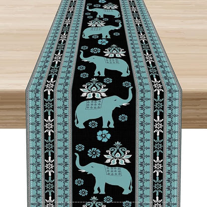 African Tribal Table Runner, Boho Elephants Tribal Traditional Indian Diwali Animal Blue Ethnic Rustic Coffee Table Center Decor for Home Kitchen Holiday Party Outdoor Table Decorations, 13"x90"