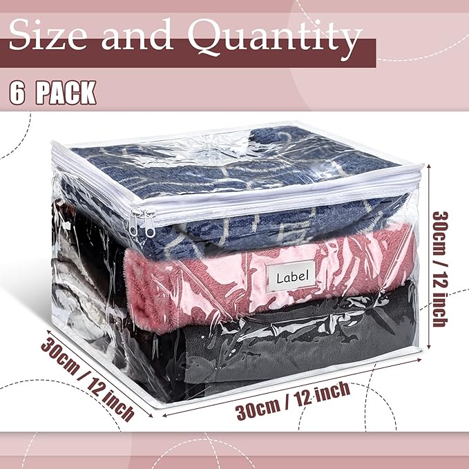Hoolerry 6 Pieces Sweater Storage Bags Plastic Clear PVC Clothes Storage Bags with Zipper and Label for Blankets Clothes Closet Quilt Pillow Bed Sheet Organizer(12 x 12 x 12 Inch)