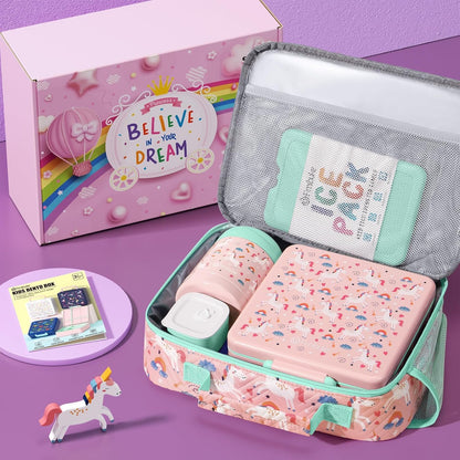Fimibuke Kids Bento Snack Lunch Box with 4 Compartments, Insulated lunch Bag, Stainless Steel Thermos Food Jar, Ice Pack & Utensils, Unicorn Birthday Gift for Age 3-12 Back to School Toddler Girl Boy
