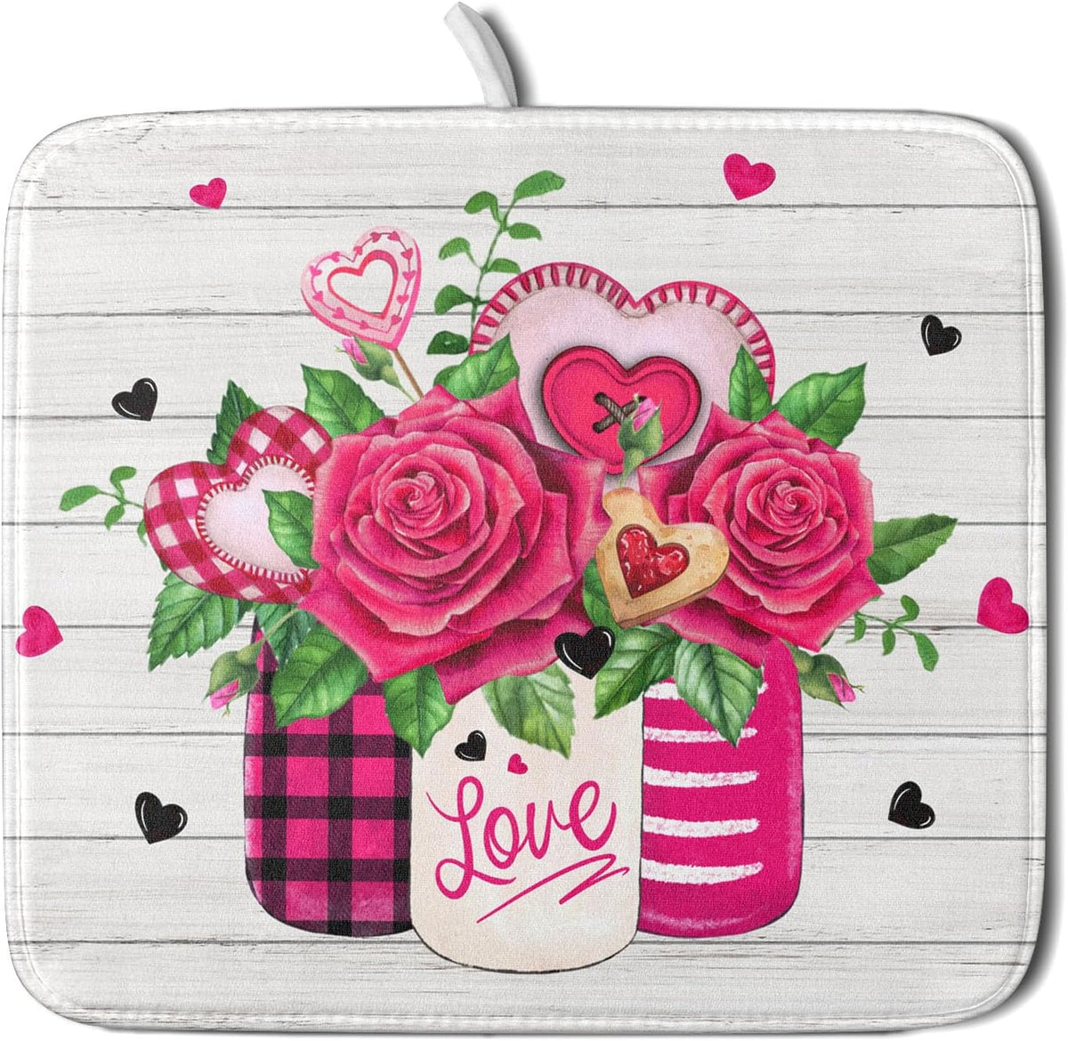 Valentine's Day Rose Flower Dish Drying Mat for Kitchen Counter,Mason Jar Pink Love Heart Drying Mat 16 x 18 Inch with High Absorbent Microfiber
