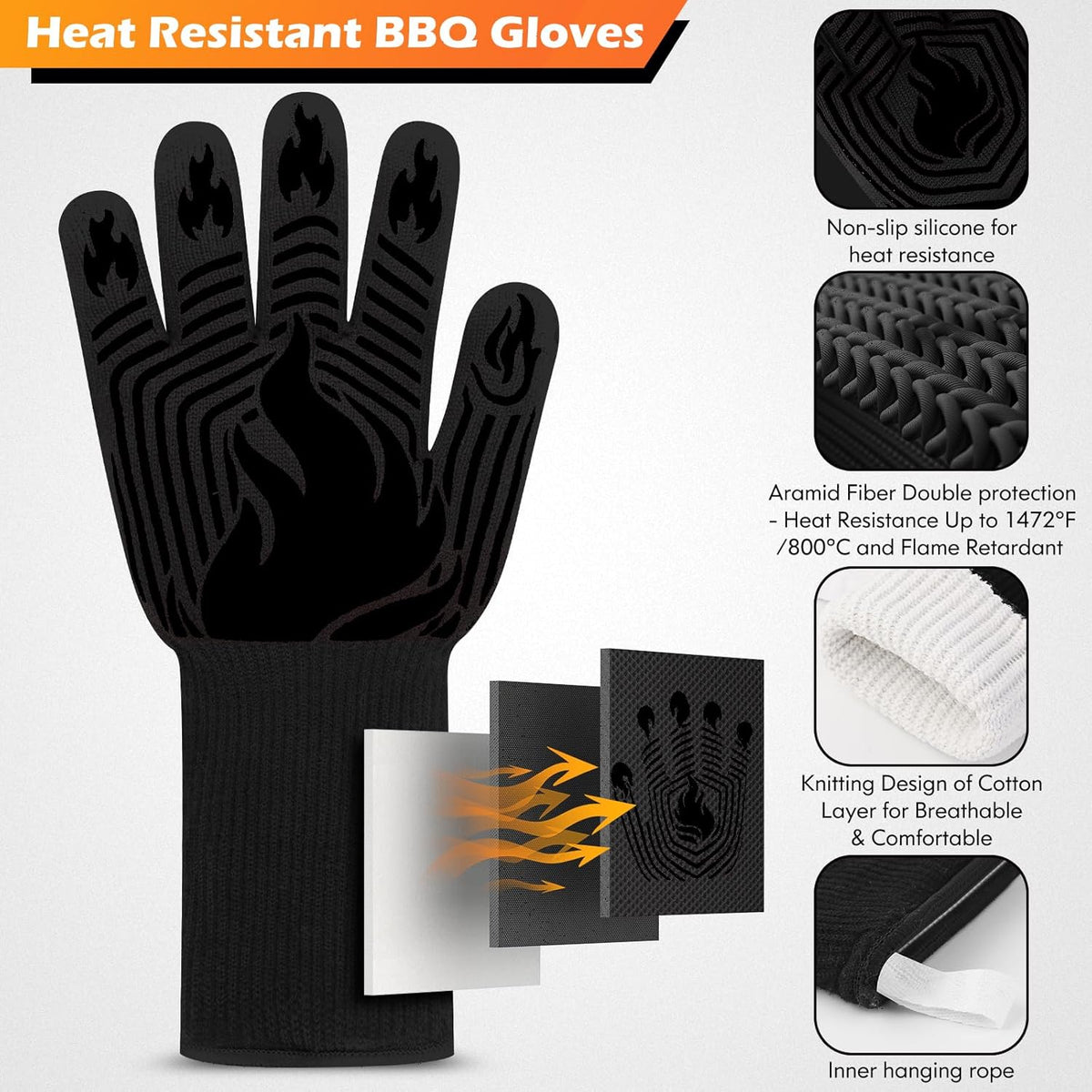 BBQ Gloves, 1472°F Heat Resistant Fireproof Mitts, Silicone Non-Slip Washable Oven Kitchen Gloves for Barbecue, Grilling, Cooking, Baking, Camping