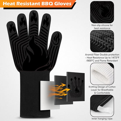 BBQ Gloves, 1472°F Heat Resistant Fireproof Mitts, Silicone Non-Slip Washable Oven Kitchen Gloves for Barbecue, Grilling, Cooking, Baking, Camping