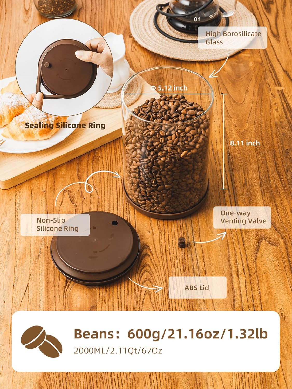 Coffee Canister, 2000ml Borosilicate Glass Airtight Coffee Containers for Ground Coffee with CO2-Release Valve - Large, 21 oz, Brown