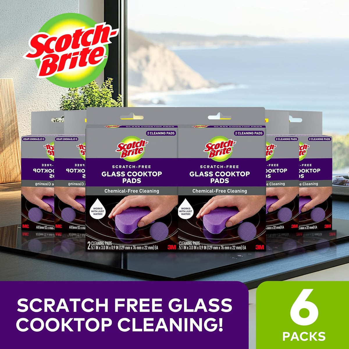 Scotch-Brite Glass Cooktop Pads, Scratch-Free & Non-Abrasive Scrubbers for Glass or Ceramic Stovetops, Cleans Burnt-On Messes with Just Water, Reusable Dishwasher-Safe Design (12 Pads)