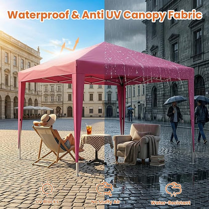 10x10 Pop Up Canopy Tent with 4 Removable Sidewalls, Heavy Duty Waterproof Party Tent with Church Windows,Pink Commercial Grade Instant Gazebo for Outdoor Event Wedding Vendor