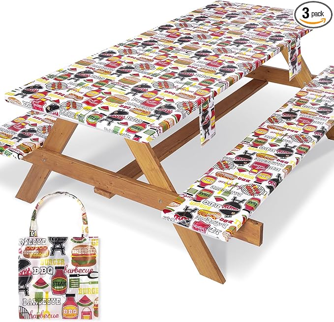 3 Piece Picnic Table Cover with Bench Covers Fitted Camping Table Cloths for 6Ft Tables Camper Travel Trailer Must Haves Motorhome Garden Tools Couple Wife Husband Boyfriend