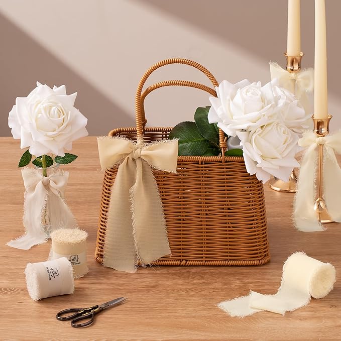 DORIS HOME Cream Chiffon Ribbon for Flower Bouquet, 2" x21Yd Fabric Ribbon for Gift Wrapping, Handmade Frayed Ribbon for Wedding, Chiffon Silk Ribbon for Christmas Decorations