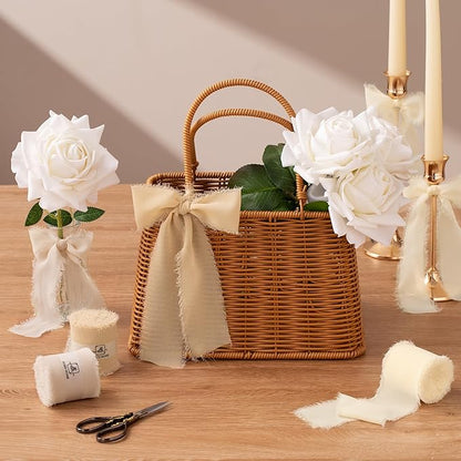 DORIS HOME Cream Chiffon Ribbon for Flower Bouquet, 2" x21Yd Fabric Ribbon for Gift Wrapping, Handmade Frayed Ribbon for Wedding, Chiffon Silk Ribbon for Christmas Decorations
