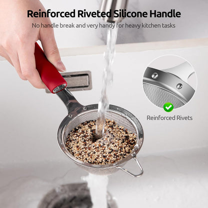 U-Taste Small Fine Mesh Strainer: 18/8 Stainless Steel 3.35in 30 Mesh Kitchen Food Sieve with Sturdy Riveted Silicone Handle, Heavy Duty Deep Handheld Metal Colander for Tea, Juice (Red)