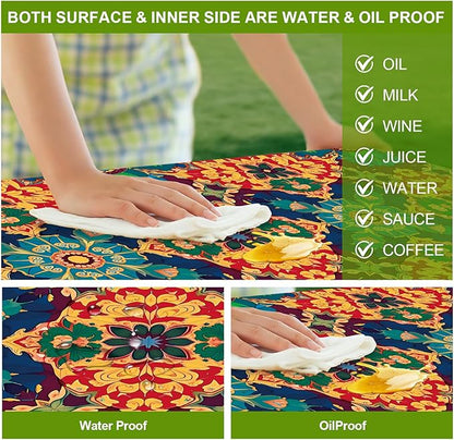 Ornate Geometric Picnic Table Cover with Bench Covers Set of 3-Multicolor Symmetrical Design,Elastic Fitted Tablecloth for 6 Ft Tables, Washable Polyester Cover for Camping, Indoor & Outdoor
