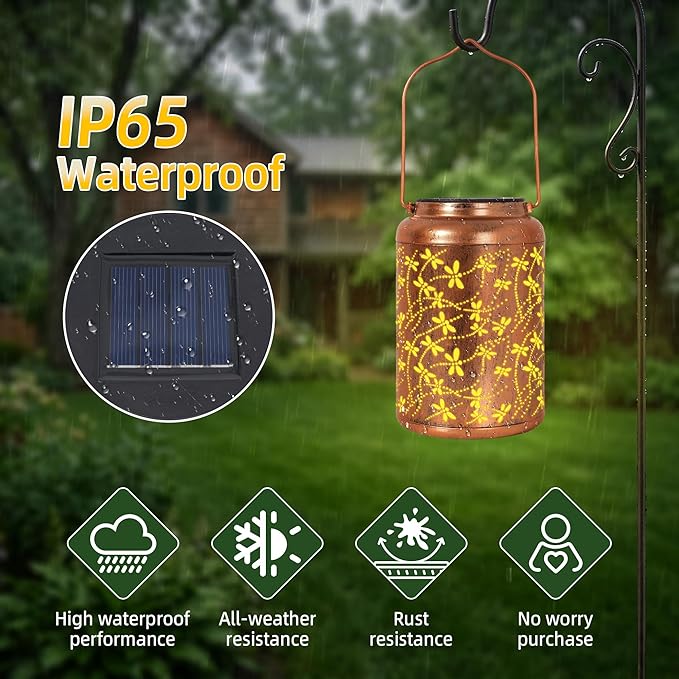 Solar Lantern Outdoor Waterproof, Gifts for Women Mom Grandma, Hanging Metal Light Dragonfly Garden Decor for Yard Patio Lawn