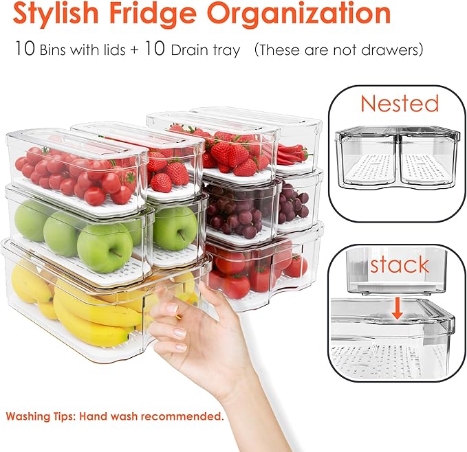 SMRCAD Fridge Organizers and Storage, 10 Pack Clear Organizer Bins with Lids for Kitchen, Pantry, Refrigerator, Food, Fruit, Vegetable Storage
