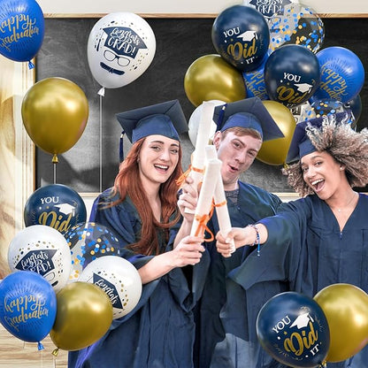 OuMuaMua 74 Pack Graduation Party Decorations Balloons Set - 12 Inch Navy Blue Metallic Gold Graduation Balloons Blue Gold White Confetti Balloons for Class of 2026 Grad Birthday Party Decor Supplies
