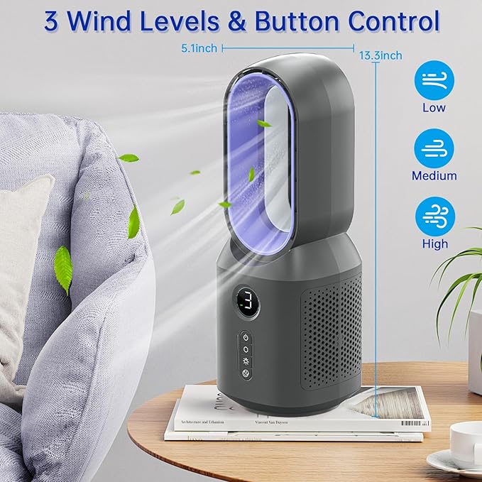 Bladeless Desk Fan, 13 Inch Quiet Oscillating with 106° Rotation, Battery Operated Portable Table Fan, 3 Speeds & Night Light, LED Display, Button Control, Personal Fan for Bedroom Office Nightstand