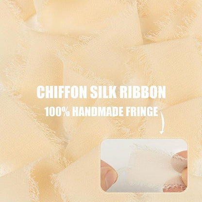 Vanilla Cream Chiffon Ribbon - 1 Inch x 21 Yards, Handmade Fringe, Silk, Boho Frayed, Gift Wrapping, Wedding Invitation, Bridal Flower Bouquets