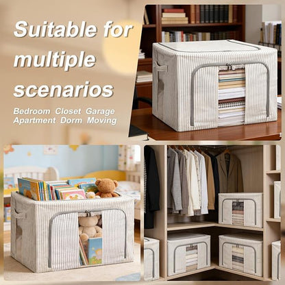 Amiya Clothes Storage Bins with Metal Frame,3-Pack Foldable Linen Fabric Storage Box with Lids, Stackable Organization and Storage Bins with Clear Window,Zippers,Handles(Grey,24L)