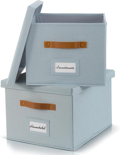 ZICOTO Decorative File Organizer Box Set of 2 - Collapsible Linen Filing Cabinets w/Handles Are Perfect to Store all Your Documents & Hanging File Folders - Portable Easy Slide Crates with Lid