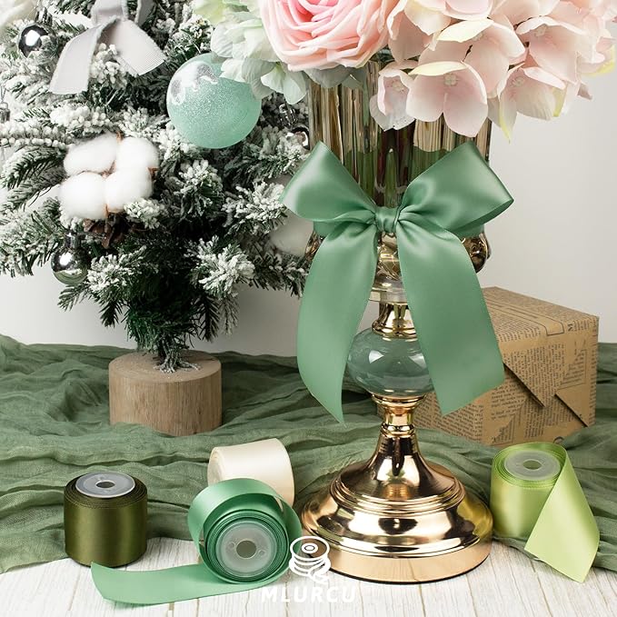 Green Ribbon 1-1/2 Inch x 60Yards Assorted Sage, Olive, Moss, Lime, Dusty Green, Ivory, Double Faced Satin Ribbons Set for Wedding, Flower Bouquet, Gift Wrapping, Hair Bow Crafts