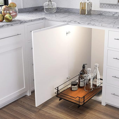 Home Zone Living Pull Out Kitchen Cabinet Organizer with Slide Out Drawer for Space Saving Storage, 14”W x 21”L, Matte Black Dark Brown Wood Finish
