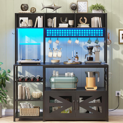 Itaar 47.2 Inch Bakers Rack with Power Outlet, Microwave Stand with Storage, Farmhouse Coffee Bar Cabinet Station with Wine Rack