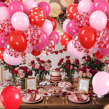 Red and Pink Balloons, Valentine's Day Balloon with Red Pink Heart Printed Confetti Latex Balloons For Valentine Party Birthday Baby Shower Party Wedding Bridal Anniversary Engagement Decorations