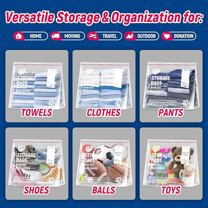 10 Gallon Jumbo Zipper Lock Storage Bags,24" x 20.5"+7",Reusable XL Size Plastic Bag with Zip Top and Bottom for Food,Clothing,Travel,Moving,BPA-Free,3-Mil Thick
