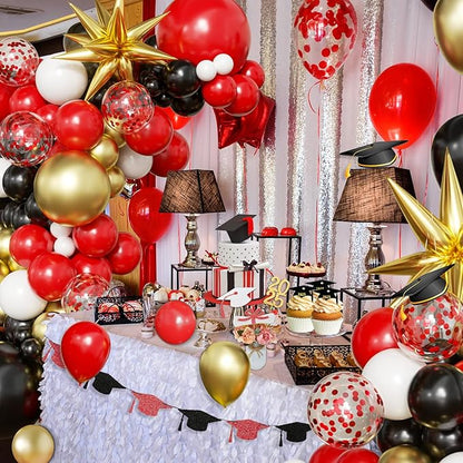 Black Red Gold Balloon Arch Kit Graduation Decorations 2026, 130Pcs Red Gold White Balloons and Foil Star Balloon with Confetti Ribbons Grad Party Decorations for College High School Class of 2026
