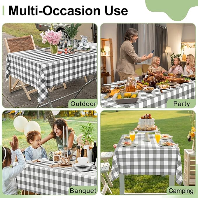 Smiry 10 Pack Grey Gingham Disposable Tablecloths - 54" x 108" Heavy Duty Plastic Table Cloth, Waterproof Buffalo Plaid Table Covers for Picnic, Banquets, Outdoor Parties