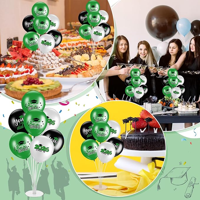 4 Set Graduation Party Balloon Stand Kits for Table Centerpieces Balloon Tables Holders with Congrats 2026 Graduation Party Decorations for School College Photo Props(Green)