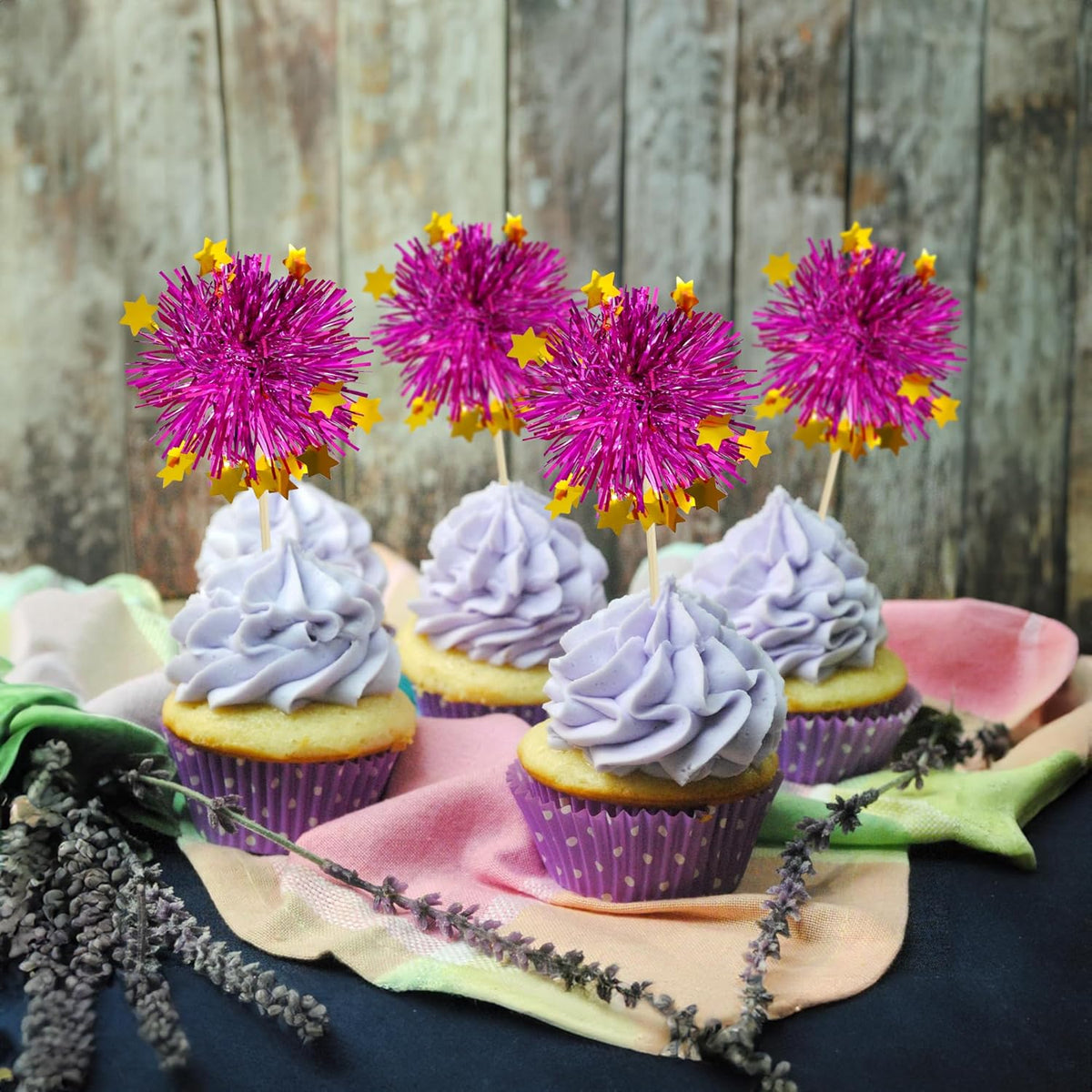 Ephlyn 30Pcs Foil Firework Cupcake Toppers Party Birthday Cake Toppers Supplies Sparkle Tinsel Cocktail Fruit Toothpick for Birthday Wedding Graduation Party Purple