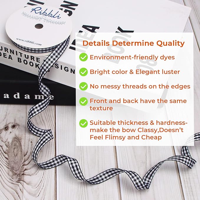 Ribbli Black and White Gingham Ribbon,Polyester Woven Edge,3/8 Inch x 10 Yard,Plaid Ribbon,Buffalo Checked Ribbon (Black 1)
