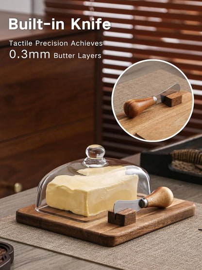 Large Glass bamboo Butter Dish with knife,Large Butter Dish for Countertop,Thick Sealed Glass Lid,Butter Dishes with Lid for West/East Coast Butter,Kitchen Decor and Gifts,Dishwasher Cleanable