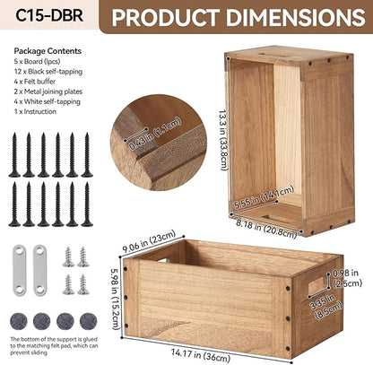 KIRIGEN Stackable Wood Storage Cube Organizer with Handle, Modular Open Cubby Bins for Books, Clothes, Toys, Shoes, Bookcase Shelf for Home Office Bedroom Brown C15-DBR