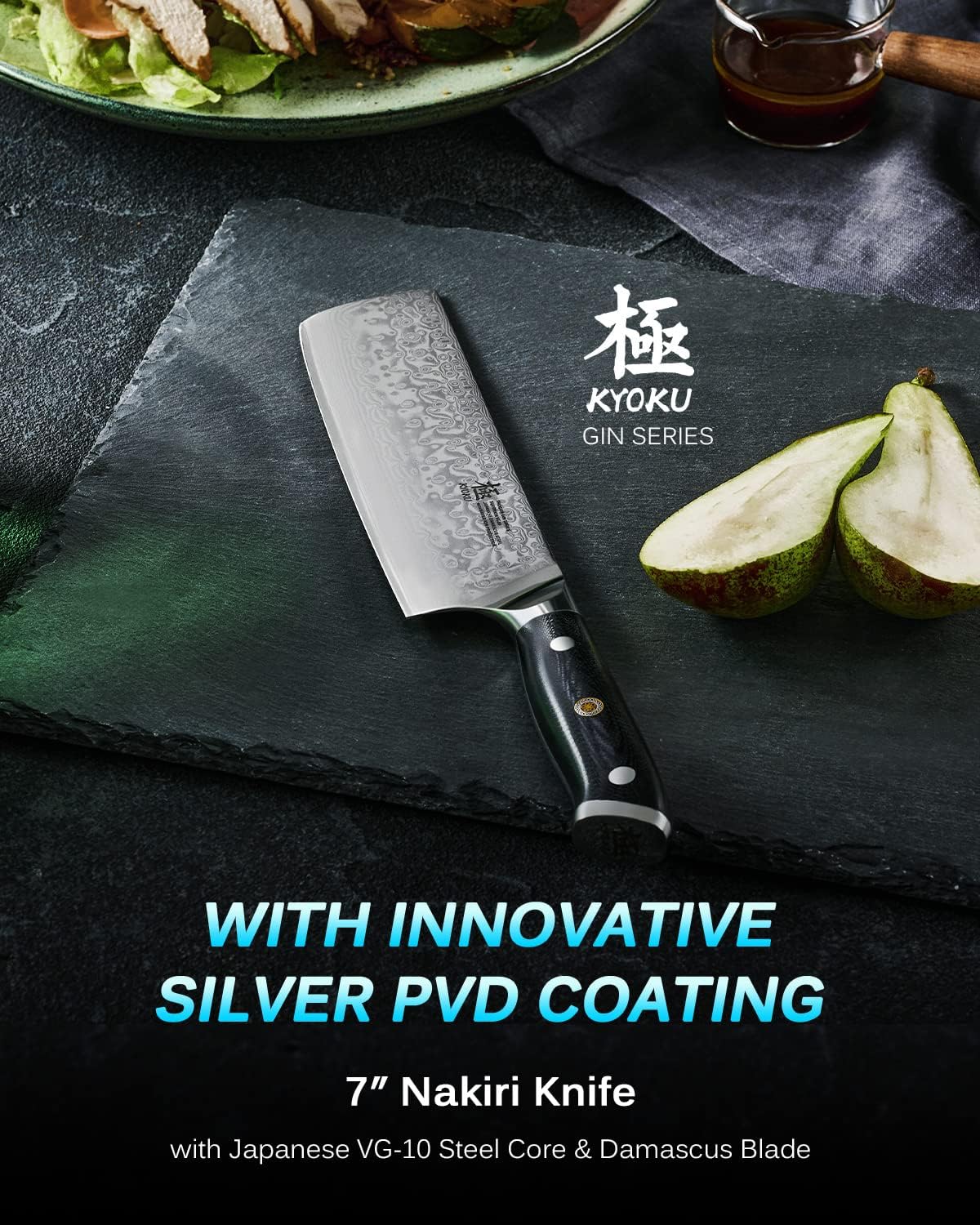 Kyoku Gin Series Nakiri Knife, 7" Vegetable Knife, Japanese VG10 Damascus Stainless Steel Kitchen Knife with Silver Ion Blade G10 Handle & Mosaic Pin