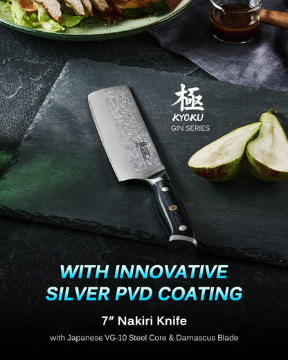 Kyoku Gin Series Nakiri Knife, 7" Vegetable Knife, Japanese VG10 Damascus Stainless Steel Kitchen Knife with Silver Ion Blade G10 Handle & Mosaic Pin