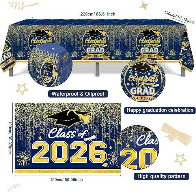 Graduation Decorations 2026, Blue and Gold Balloon Garland Arch, Navy Blue Graduation Decorations with Congrats Grad Tablecloth and Class of 2026 Backdrop for High School College Grad Party Supplies