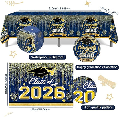 Graduation Decorations 2026, Blue and Gold Balloon Garland Arch, Navy Blue Graduation Decorations with Congrats Grad Tablecloth and Class of 2026 Backdrop for High School College Grad Party Supplies