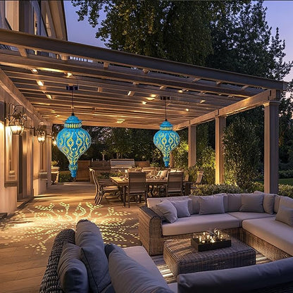 Moroccan Solar Lanterns Outdoor Waterproof Blue Hanging Lanterns Outdoor Ramadan Garden Decor Gardening Gifts for Women Mom Grandma Solar Lights for Patio, Pathway, Yard, Porch, Backyard.