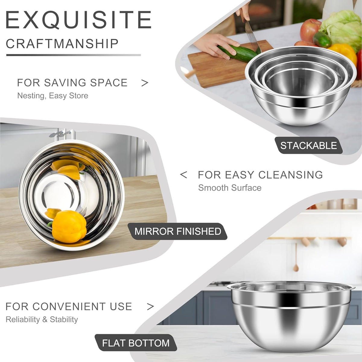 HaWare Mixing Bowls with Airtight Clear Lids, 6-Piece Stainless Steel Strong Nesting Bowls Set, Metal Salad Bowl for Cooking, Prepping, Baking