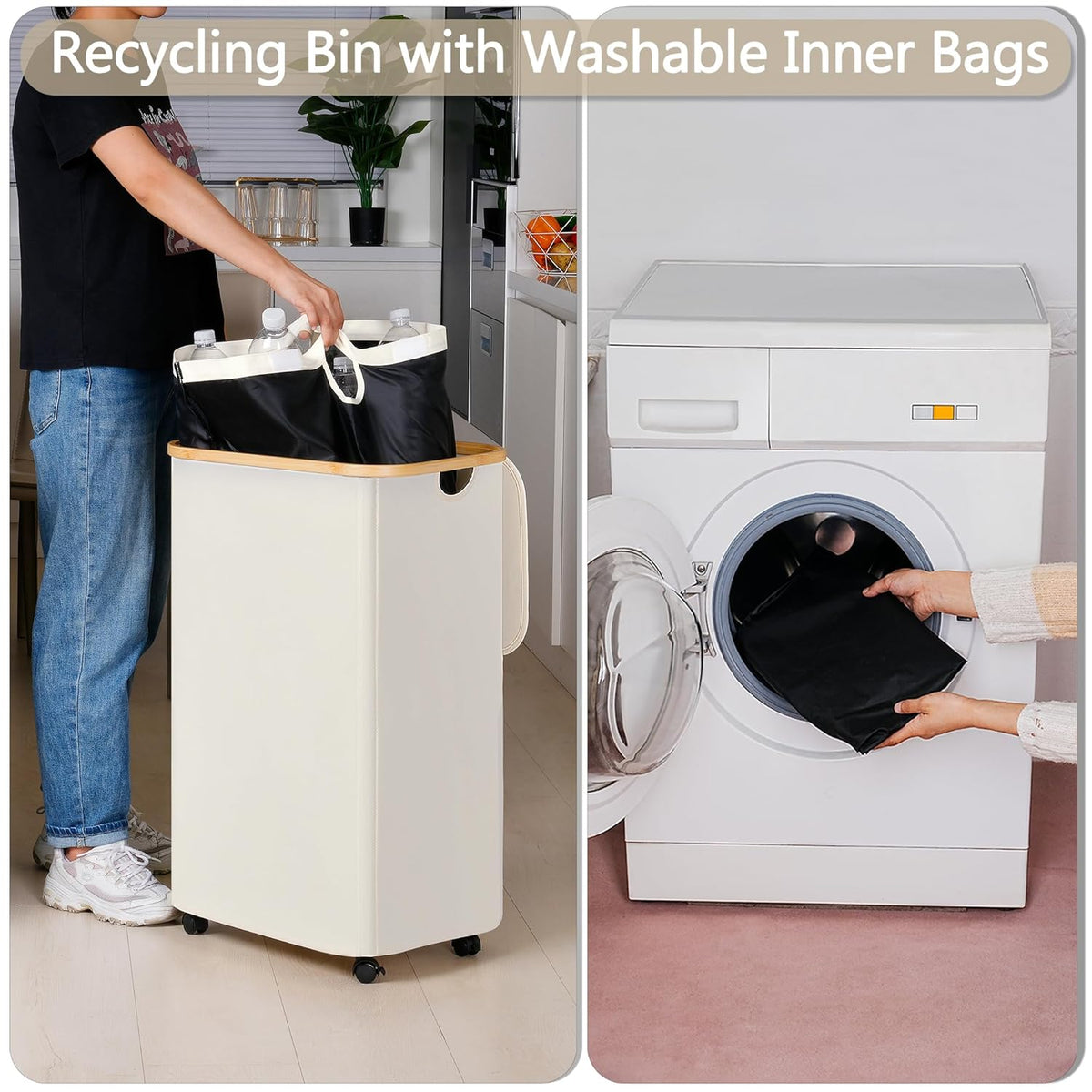 efluky Recycle Bins for Kitchen 100L (26 Gallon), Recycling Bin with Wheels and 2 Removeable and Reusable Inner Bags, Kitchen Recycling bin with lid for Bottle Can Plastice Stickers, Beige