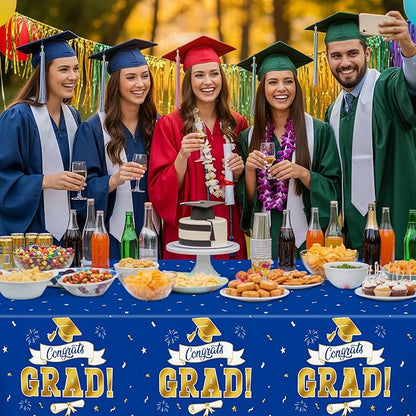 2Pack 2026 Graduation Decorations, 108" X 54" Graduation Tablecloth, Bluegold Disposable Table Cloths for Grad Party Favors Supplies, Rectangle Plastic Tablecover for Class 2026 Congrats Grad for Kids