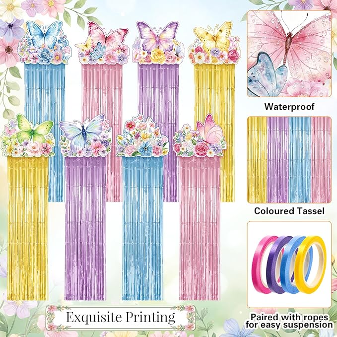 Tenceur 8 Pcs Large Spring Butterfly Party Hanging Decorations with Tassels Flowers Birthday Centerpieces for Outdoor Indoor Home Lawn Yard Garden Supplies