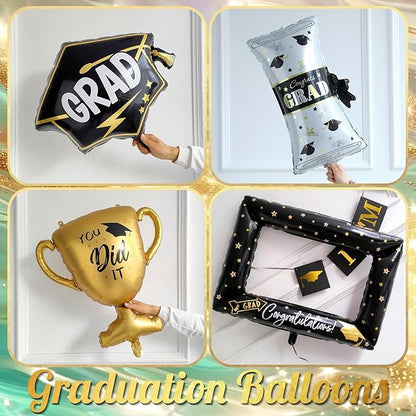 146Pcs Sage Green Gold White Graduation Balloon Garland Arch Kit,with Explosion Star,Diploma,Trophy,Grad Hat,Photo Frame Foil Balloon for Congrats Class of 2026 Graduates Celebration Party Decoration