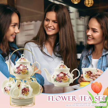 20-Pieces Porcelain Tea Sets For Women, Tea Set For Adult with Golden Metal Rack,Tea Gift Sets for Home&Party(013)